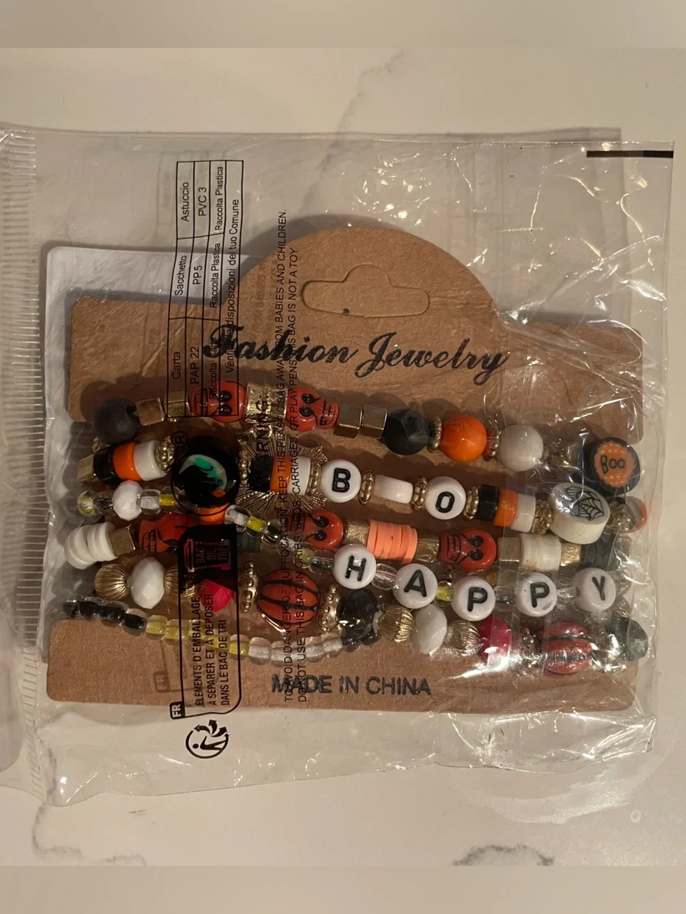 Happy Halloween Beaded Stretch Bracelet Set with Charm - Orange & Black